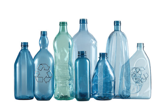 Assorted plastic bottles in various shapes and translucent shades,  some with a recycling symbol