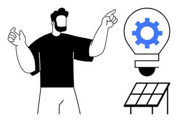 Person pointing at a light bulb containing a gear above a solar panel, symbolizing clean energy, technology, and progress. Ideal for energy, innovation, sustainability, engineering, ideas education