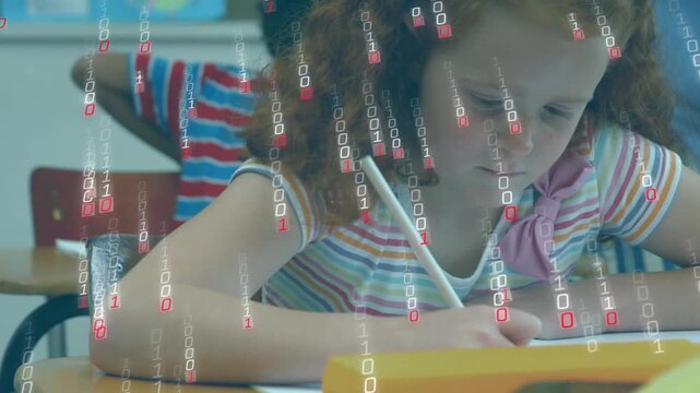 Red-haired girl writing in classroom causing binary digits falling then pausing smiling amid code