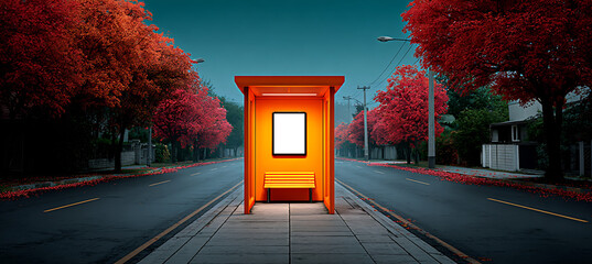 Blank editable  Billboard Mockup an Autumn Bus Stop A Customizable Digital Signage Template for Public Space Advertisements