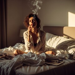 Obraz premium Woman sits cross-legged on a bed, smoking a cigarette in the morning light, surrounded by magazines and a coffee mug, creating a relaxed and intimate atmosphere .