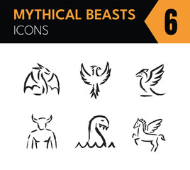 Illustration of various mythical creatures, including a dragon, phoenix, griffin, minotaur, sea monster, and pegasus, drawn in a simple, sketchy style