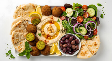 Delicious Middle Eastern Mezze Platter Hummus, Falafel, and Fresh Salad for a Flavorful Feast