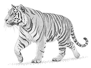 Fototapeta premium Detailed black and white illustration of a majestic tiger walking with its head held high