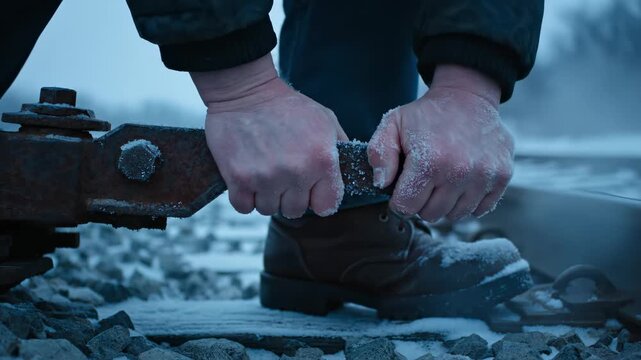 a pointsman operating a track switch lever, frost crystals on the metal and vapor from breath in cold air, sturdy boots gripping the ballast