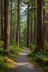 Obraz premium explore lush forest trails of washington where sunlight filters through ultrabright green leaves creating