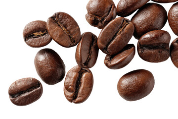 Obraz premium Close-up of roasted coffee beans. A scattering of whole coffee beans, various shades of brown, with visible grooves, in high-definition focus against a black background