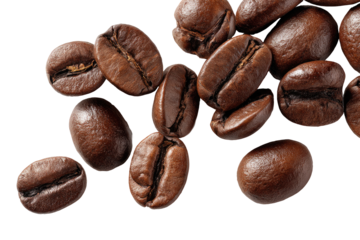 Close-up of roasted coffee beans.  A scattering of whole coffee beans, various shades of brown, with visible grooves, in high-definition focus against a black background