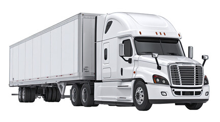 White semi-truck with large cargo trailer.  Modern, clean design.  Front-facing view