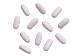White oblong pills falling against a transparent background, creating a dynamic and medical-themed visual