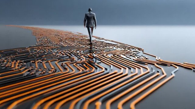 Navigating the Digital Maze: A solitary figure walks purposefully along a circuit board path. This striking image captures the complexities of modern technology.