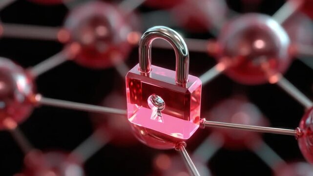 Digital Security: A close-up depiction of a gleaming, transparent padlock, symbolizing security and data protection in a digital environment. The padlock is interlinked with a network of nodes.