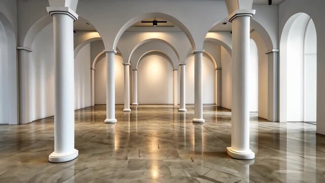 Hall of Pillars: A spacious hall is embraced by pristine white pillars, adorned by arched ceilings, the scene radiating the simplicity of design and a reflection on a shiny floor.