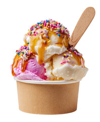 Two scoops of ice cream, one vanilla and one pink, topped with caramel sauce and colorful sprinkles, in a small paper cup, held by a wooden spoon