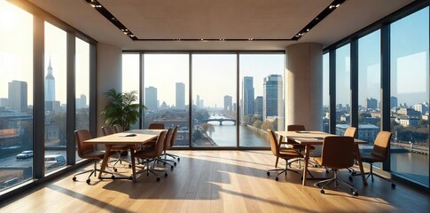 Modern London office space with large windows offering stunning city views Sleek design, contemporary furniture, and bright, airy atmosphere perfect for a productive workday , corporate, panorama