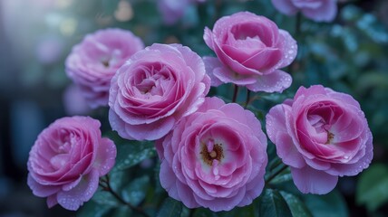 Close-up of Dew-Kissed Light Pink Roses in a Garden
