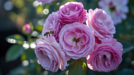 Obraz premium Honeybee on a Cluster of Delicate Light Purple Roses with Morning Dew