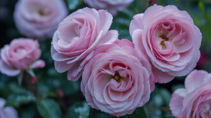 Fototapeta premium Close-up of Dew-Kissed Pale Pink Roses in Full Bloom