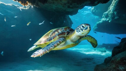 Fototapeta premium Majestic Green Sea Turtle Gracefully Swimming Through Underwater Cave