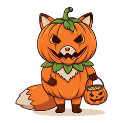Adorable Halloween Fox Character in Pumpkin Outfit Cartoon Illustration