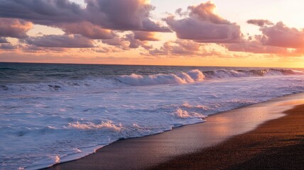 Fototapeta premium Serene Sunset Over Ocean Waves Crashing on Sandy Beach
