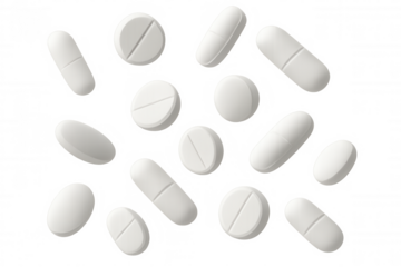 Medical tablets tumbling through transparent space, showcasing pharmaceutical design with dynamic motion against clean backdrop