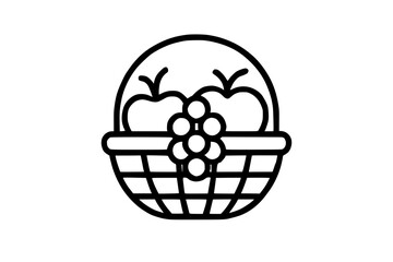 Simple outline icon of fruit basket with apples and grapes

