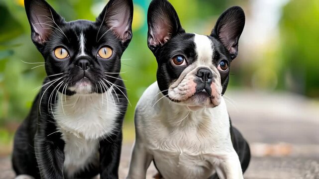 A Unique Pair: A captivating pair of Boston Terrier dogs, one displaying striking black and white markings. The image offers a glimpse of endearing canine companionship.