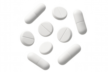 3d rendering of various white pills and capsules falling against a transparent background, creating a dynamic composition suitable for medical or pharmaceutical themes