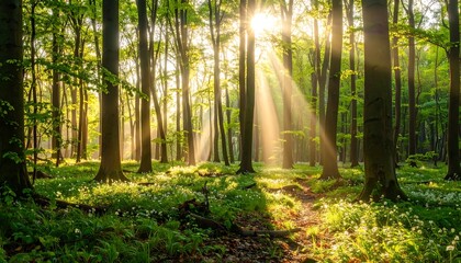 Sunlight streams through a verdant forest, illuminating a pathway through a carpet of wildflowers.