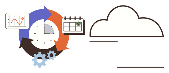 Clock surrounded by colored arrows, calendar with a checkmark, and cloud outline. Gears and data chart represent organization, collaboration, digital storage. Ideal for workflow, time management