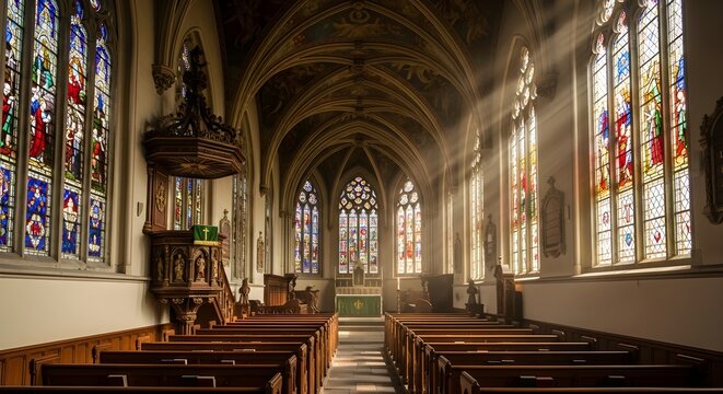 Sunlit Interior of a Historic Church with Stained Glass Windows and Dramatic Light Rays. - Powered by Adobe