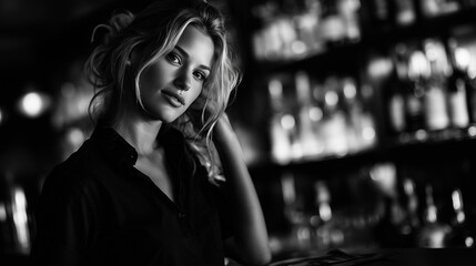 A beautiful charming woman at the bar counter in black and white