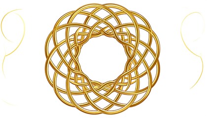 A circular, intricate gold design features interwoven lines creating a complex, elegant pattern on a plain white background.