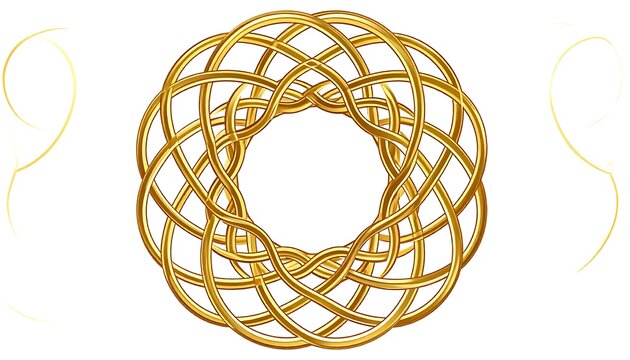 A circular, intricate gold design features interwoven lines creating a complex, elegant pattern on a plain white background.