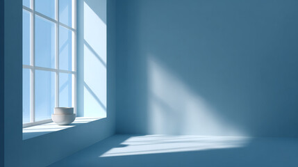 Obraz premium Serene interior scene featuring white window frame on blue wall, with soft shadows creating calming atmosphere