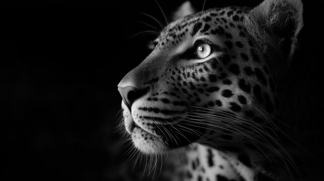 A black and white photo of a leopard on black background