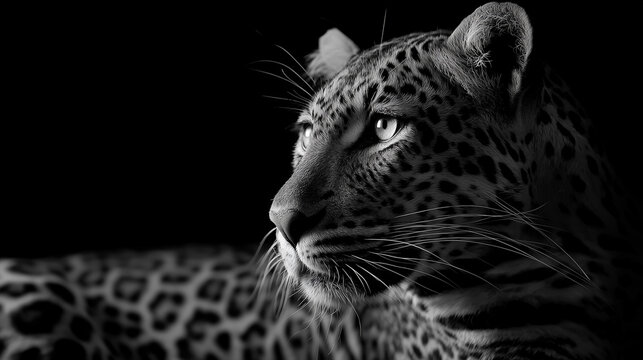 black and white photo of a leopard on black background