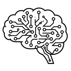 A minimalist black-and-white illustration of a brain with circuit patterns, symbolizing artificial intelligence, neural networks, and innovative technology concepts.