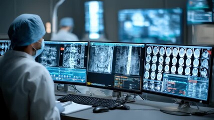 Neurophysiologist reviewing realtime electrophysiological data on multiple monitors in a spine surgery suite emphasizing concentration and precision surrounding activity softly - Powered by Adobe