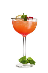 Glass of tasty Mai Tai cocktail garnished with mint and lime on white background