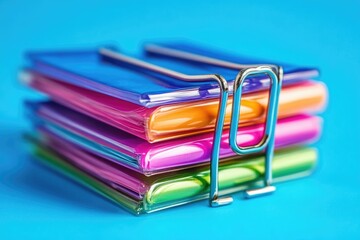 A stack of vibrant, rectangular, glossy objects, possibly coasters or notepads, secured by a silver metal clip, sits on a bright blue background.  