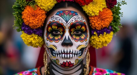 Woman with traditional Day of the Dead face paint and floral headdress.