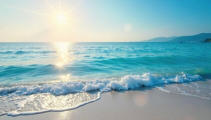 Obraz premium Serene blue water gently laps a tranquil shore, creating a calming atmosphere perfect for meditation or relaxation The sun casts a soft glow on the peaceful scene , water, sand, meditation
