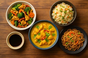 Asian Food Flat Lay on Wooden Table