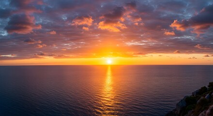 Stunning vibrant sunset over the calm ocean, with glowing golden sun rays breaking through dramatic clouds, reflecting on the water, creating a breathtaking and peaceful evening seascape.