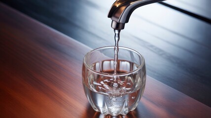 Pure Water Pouring into Glass from Faucet on Wooden Surface