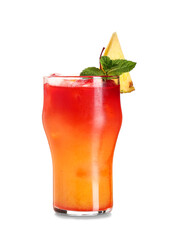 Glass of tasty Mai Tai cocktail garnished with pineapple and mint on white background