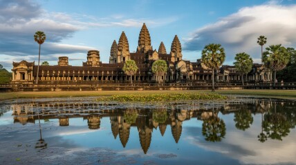 Naklejka premium Angkor Wat Temple in Cambodia Reflected in Still Water at Sunrise