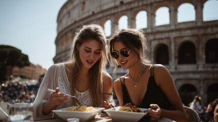 Two tourists eating Italian pasta by the Colosseum in Rome